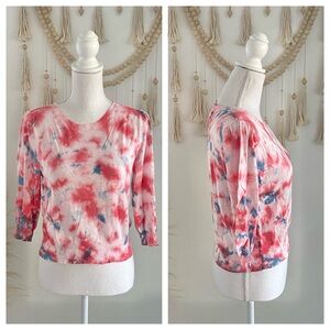 Nordstrom John + Jenn crop fitted sweater puff sleeve white pink blue tie dye M